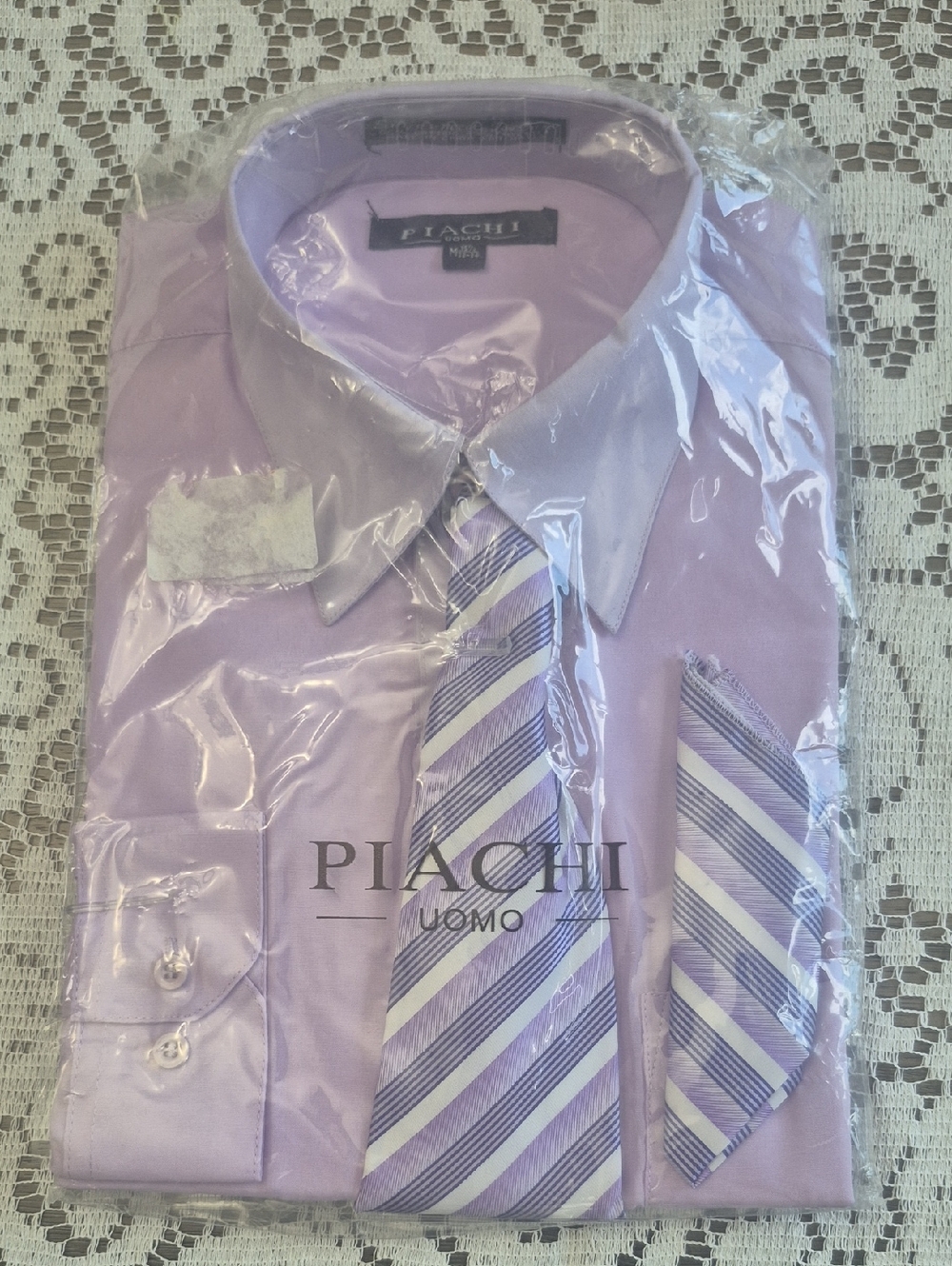 PIACHI Uomo Lavender Dress Shirt with Matching Striped Tie and Handkerchief